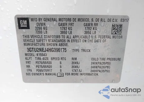 2017 GMC Sierra 1500 Slt from USA, damaged, VIN 3GTU2NEJ4HG396175